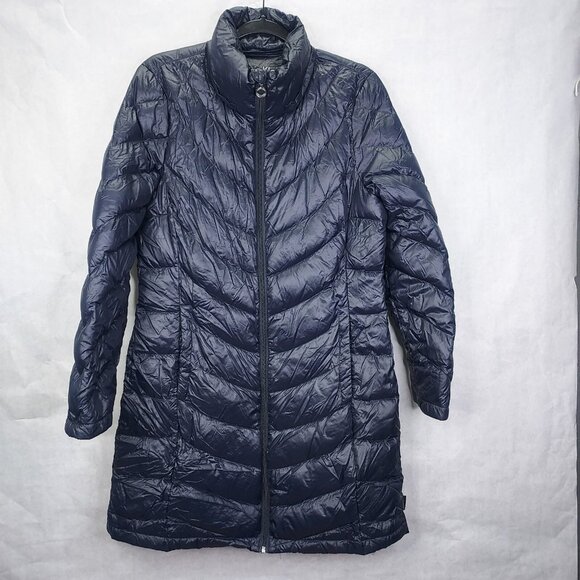 Calvin Klein Puffer Jacket Womens M Premium Down Long Packable Quilted Navy Flaw - Picture 1 of 16